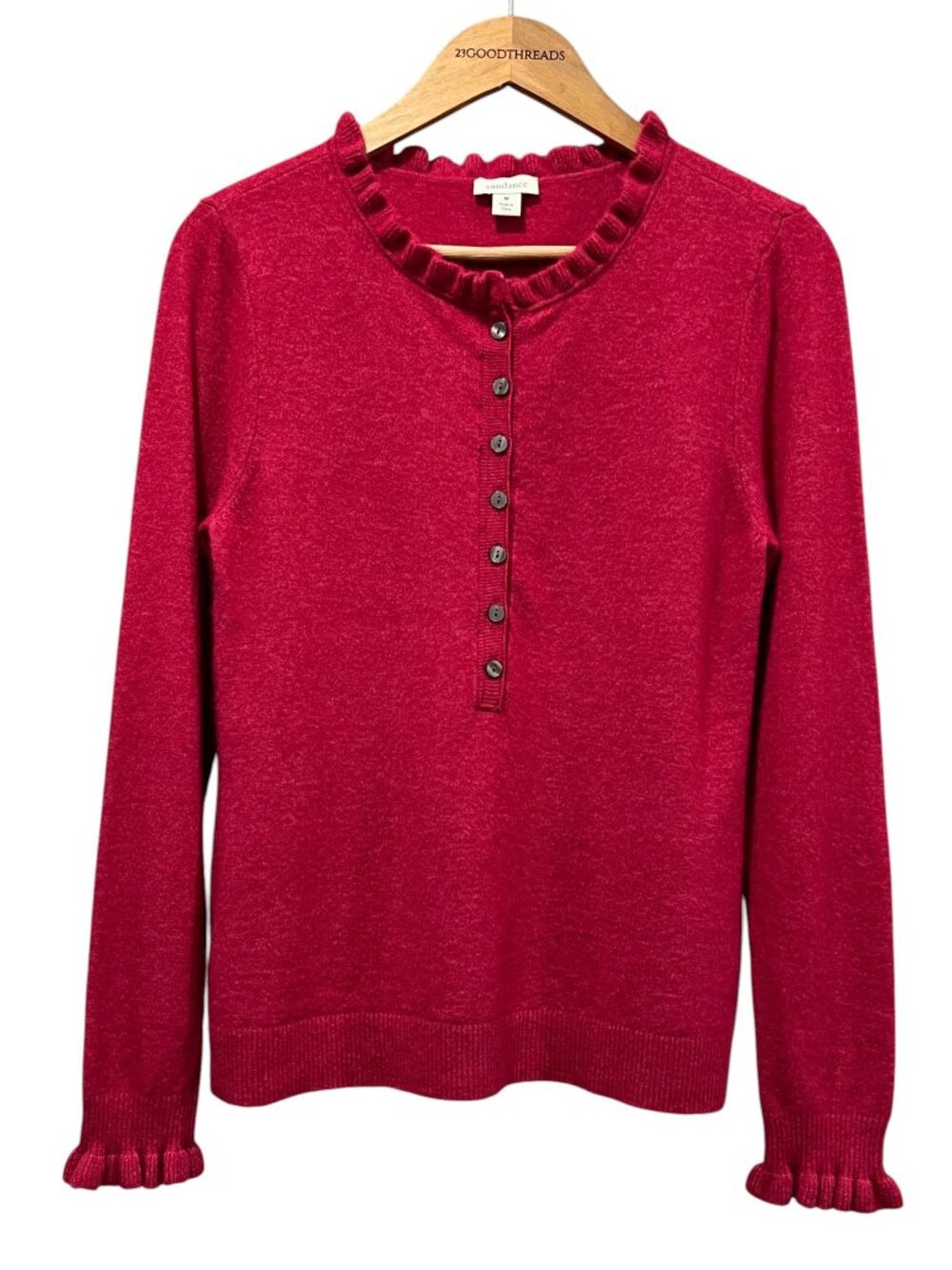Sundance Edwina Henley Ruffle Neck Sweater, Raspberry Pink, M